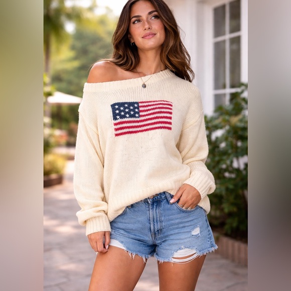 Tictoc Off Shoulder American Flag Sweater Cream Knit Americana Cozy Small NWT - Picture 11 of 12